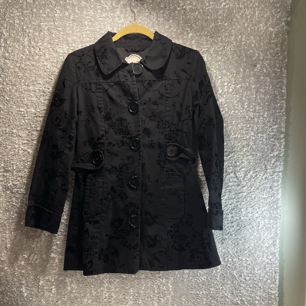 Nick & Mo Small Black Paisley Velour Flowers Button Belted Blazer Jacket Preppy